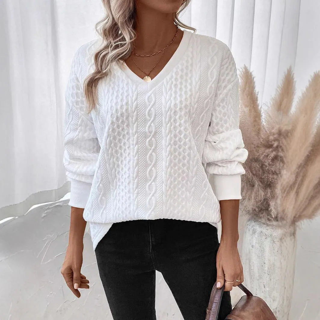 Milky white loose fit long sleeve T-shirt with a 3D pattern, casual pullover style.