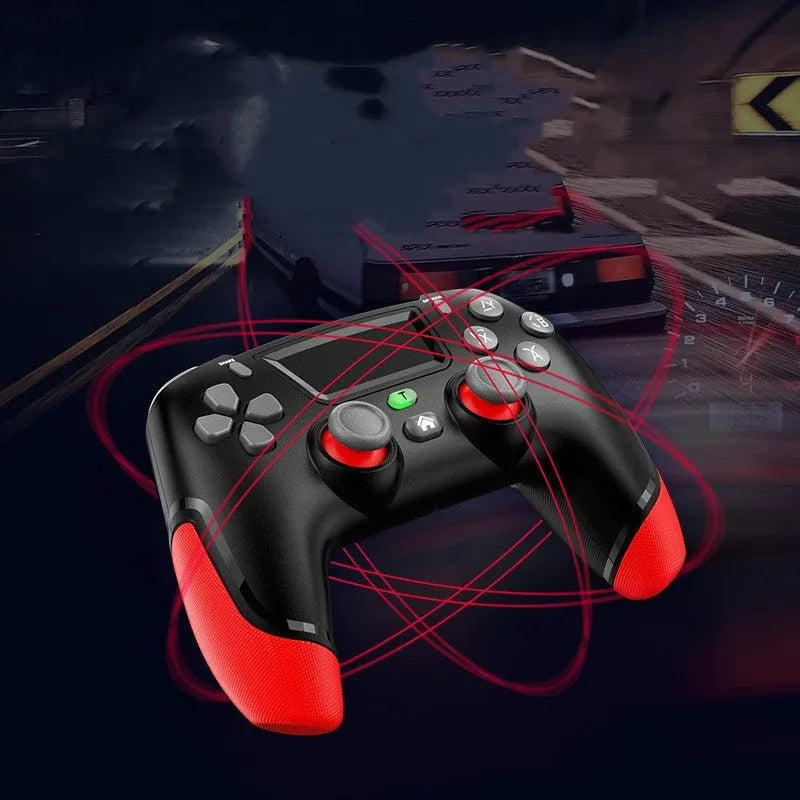 Fruit green wireless Bluetooth game controller for PS4, PC, mobile phone, and Nintendo Switch on a grey background.