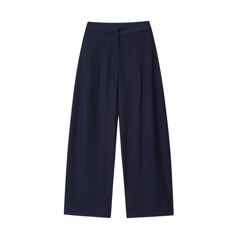Women's linen-blend co-ord set featuring off-neck blouse with flounced sleeves and wide-leg trousers