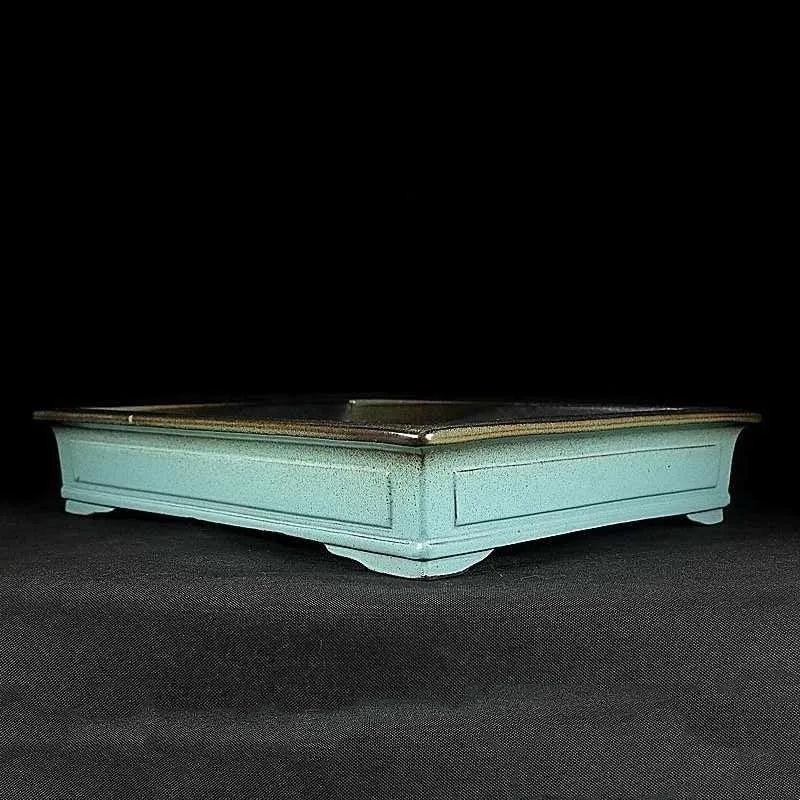Green crackled glaze handmade ceramic bonsai pot with purple sand finish