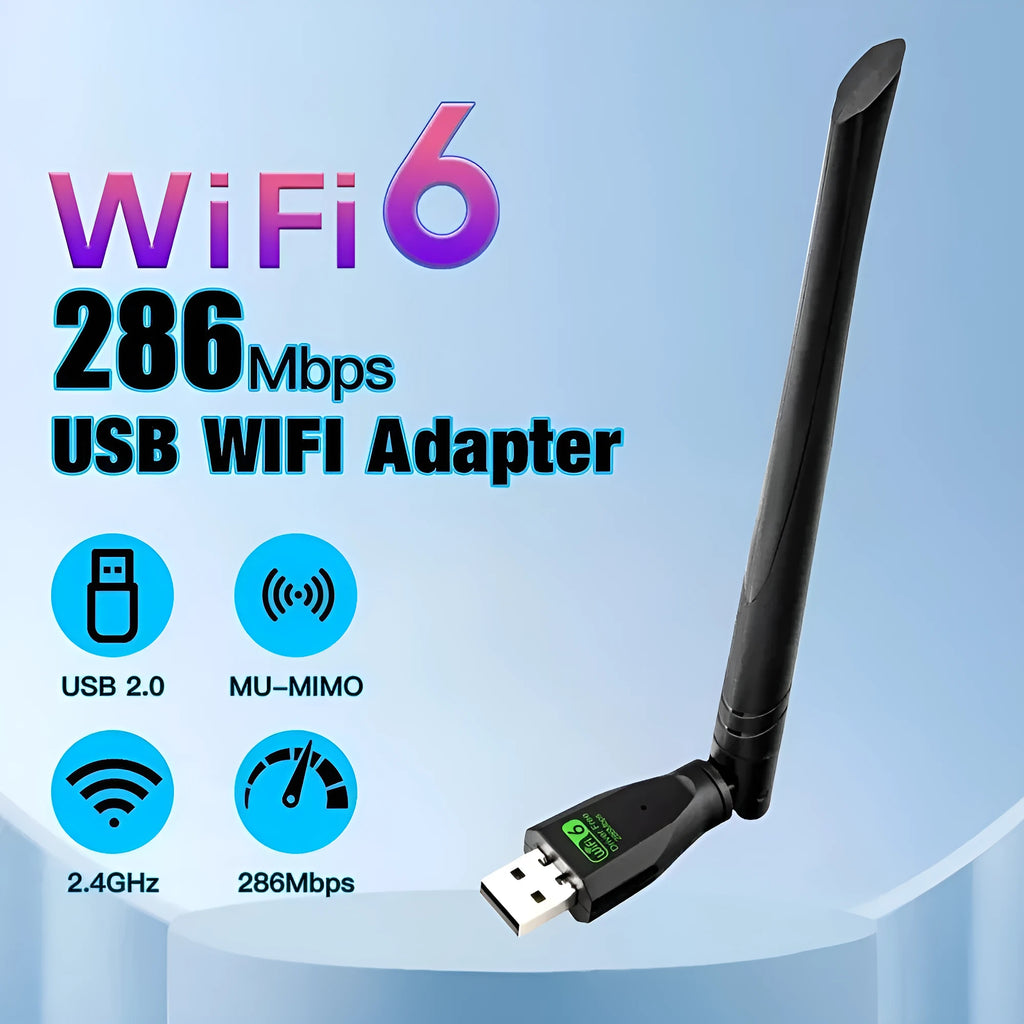 Black USB WiFi 6 wireless network adapter for driver-free PC and laptop connectivity.