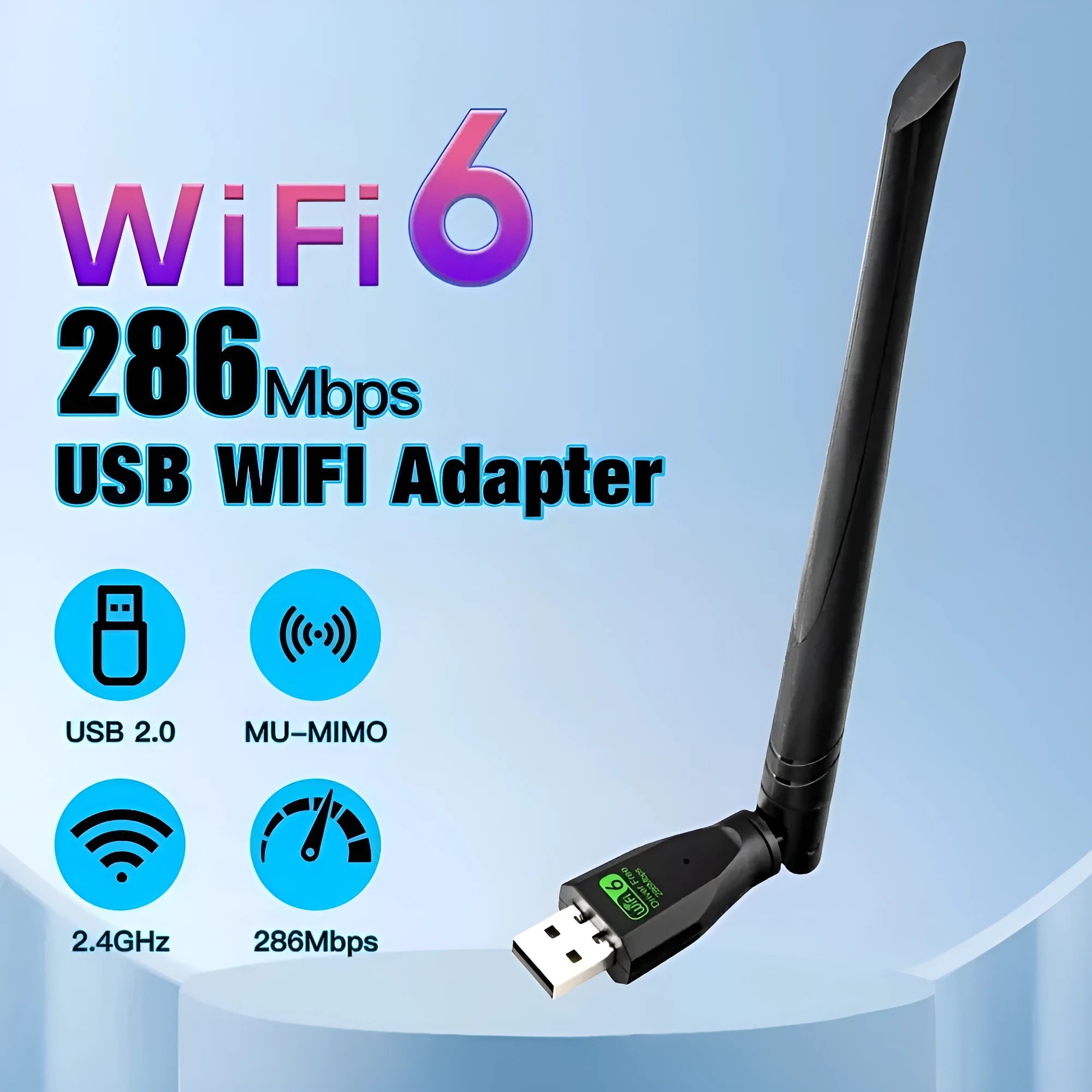 Black USB WiFi 6 wireless network adapter for driver-free PC and laptop connectivity.
