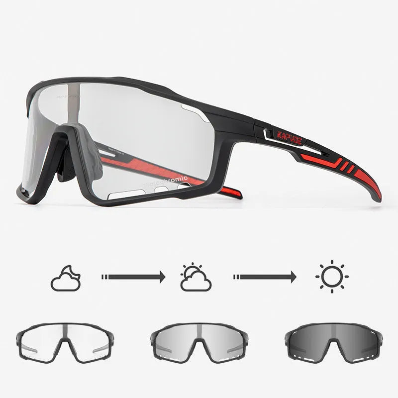 Photochromic cycling sunglasses with a semi-rimless TR90 frame shown in one of 14 available colours.
