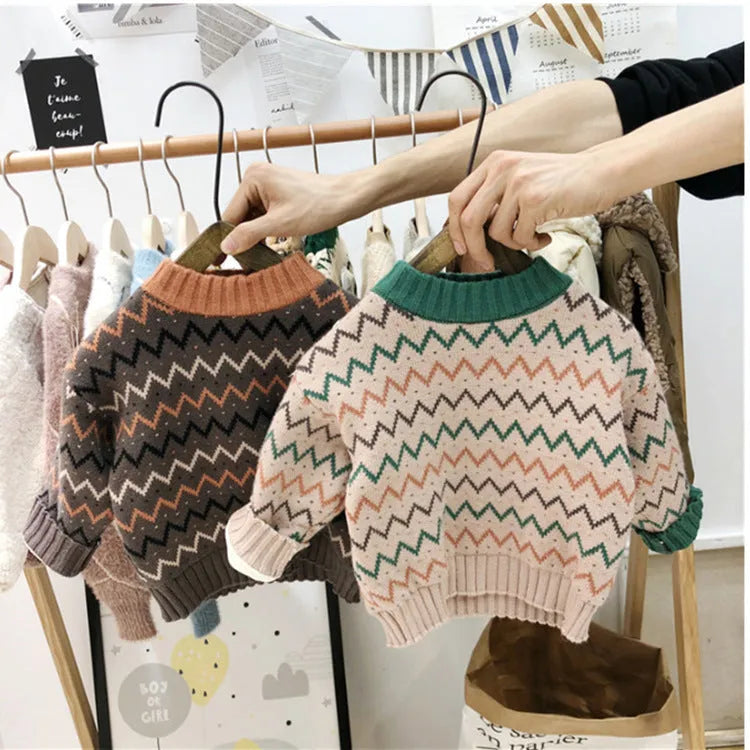 Korean style children's wool sweater in brown or apricot colour with long sleeves