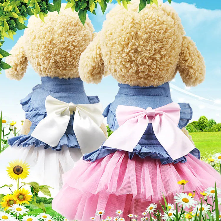 Korean design pet denim skirt with creative bow detailing in pink or white yarn for small to medium dogs