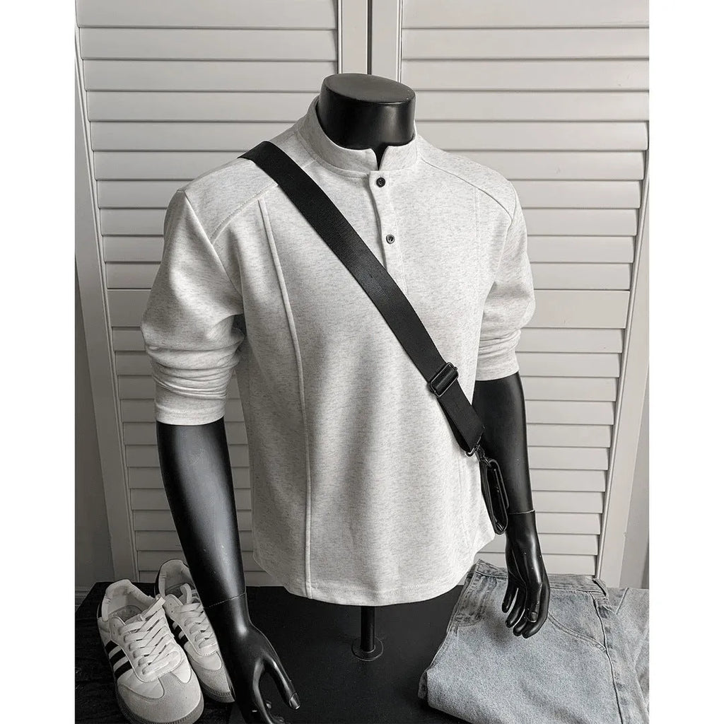 Men's asymmetrical patchwork sweater with stand-up polo collar in neutral colours