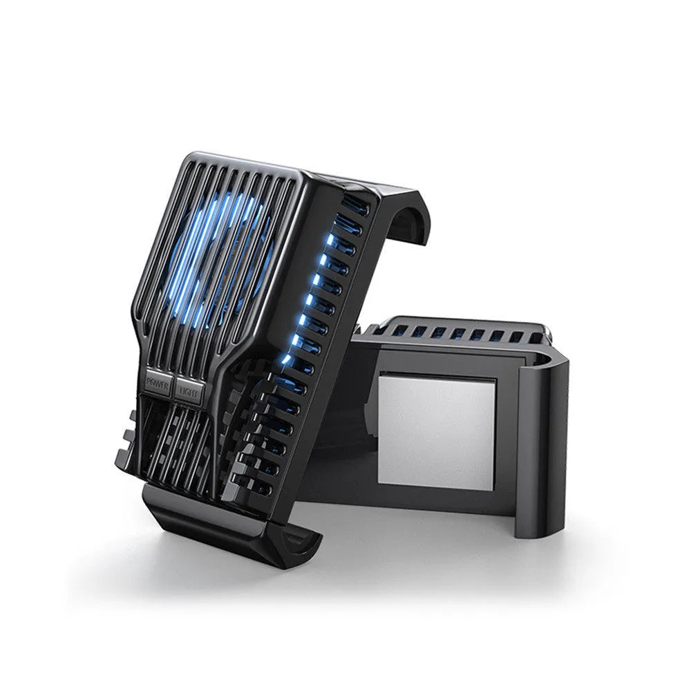 Mobile phone radiator with clip design showing aluminium alloy cooling fins and ABS plastic body