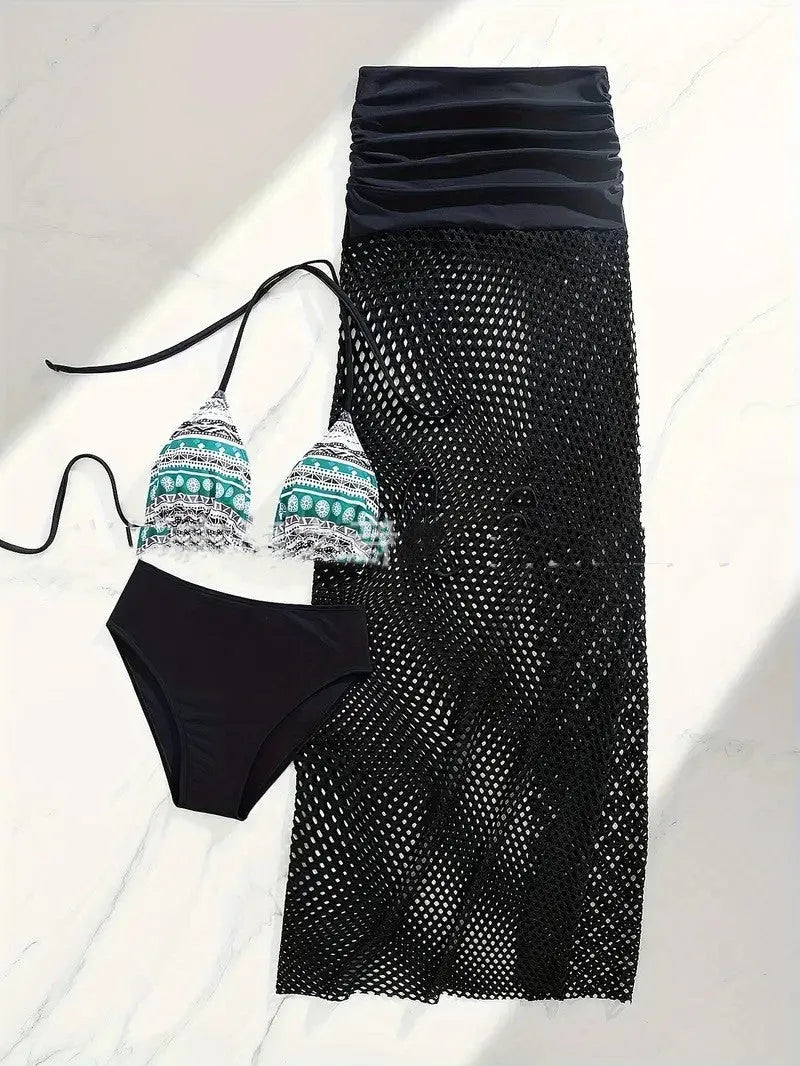 Women's gradient pattern bikini three-piece set with fishnet long skirt in brown colour option