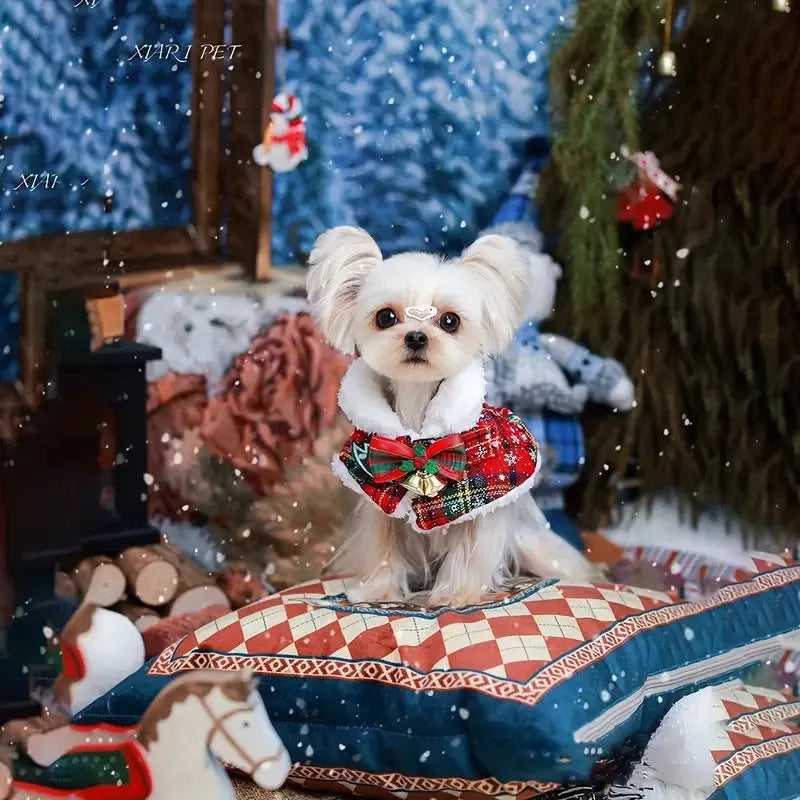 Festive red and blue printed polyester scarf for a dog around its neck during winter