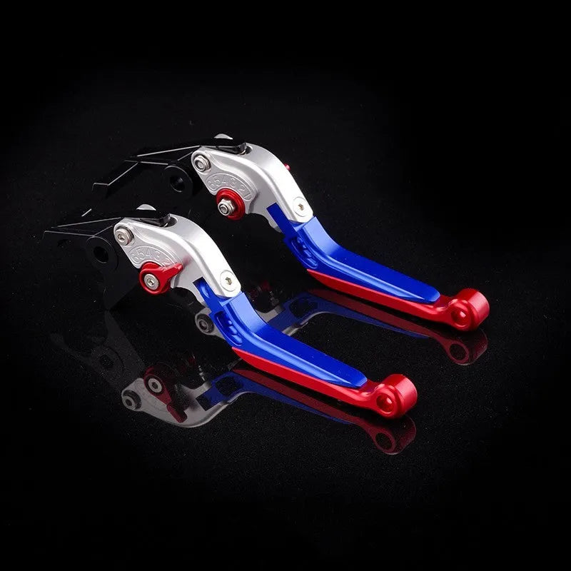Pair of anodised aluminium motorcycle brake and clutch levers with six-speed adjustable length mechanism