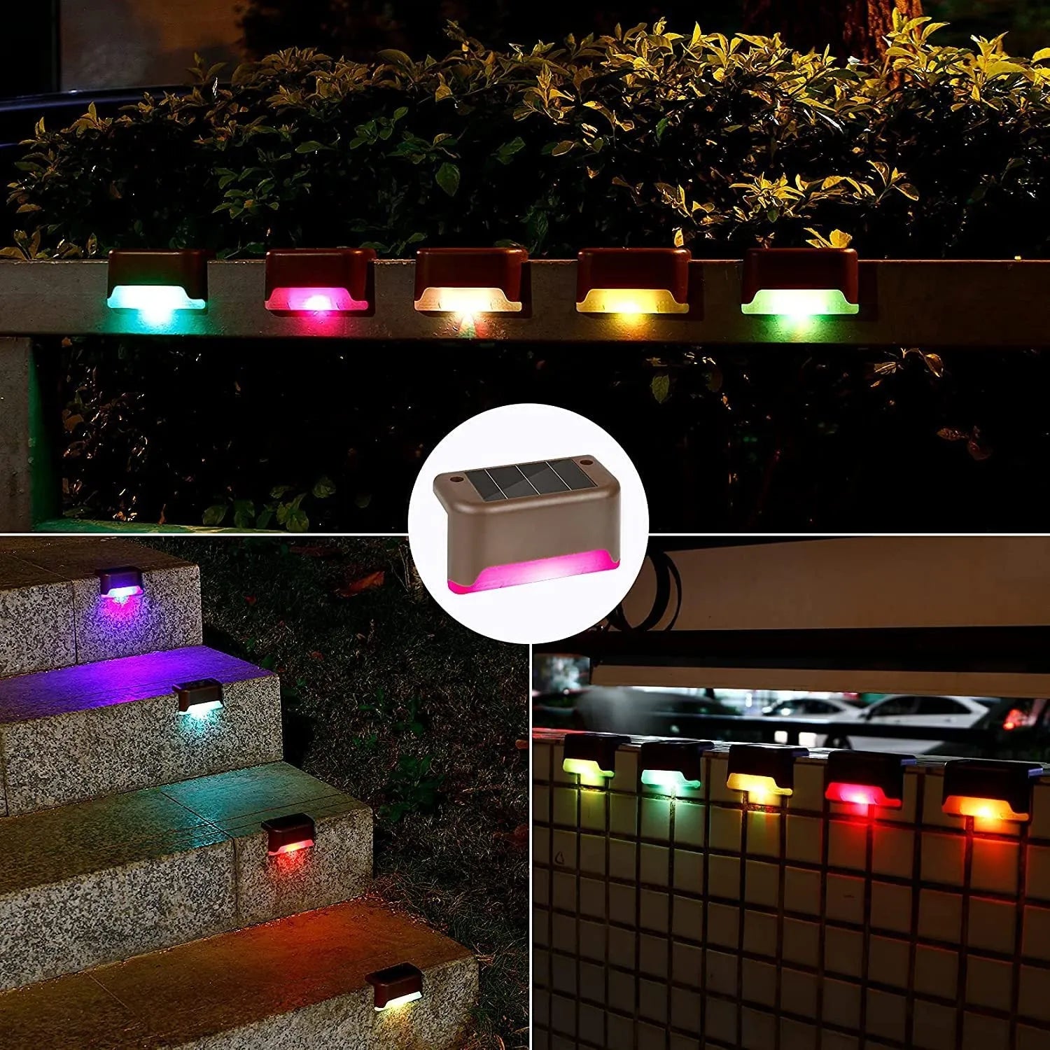Brown solar step light with warm LED output on outdoor stairs, 4 pack