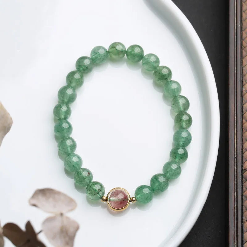Green strawberry quartz women's bracelet with 7.5mm spherical beads and Chinese auspicious patterns in hand-woven single circle design