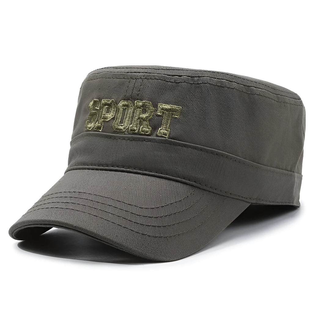Men's adjustable cotton flat-top peaked cap in army green colour with English letter detail
