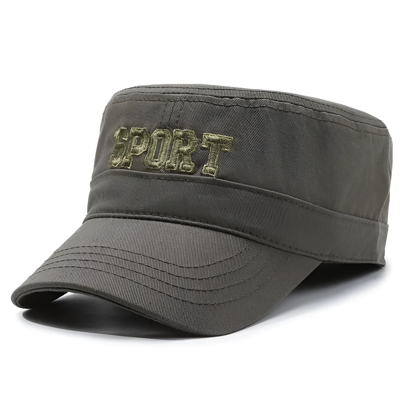 Men's adjustable cotton flat-top peaked cap in army green colour with English letter detail