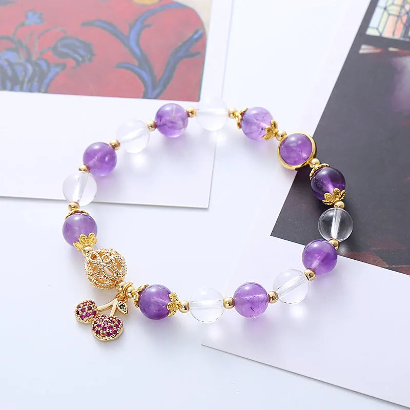 Purple crystal bracelet with a micro-inlaid cherry flower design for women.
