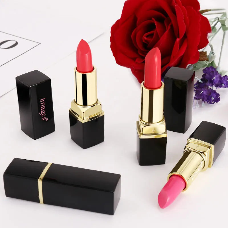 Moisturising lipstick lip gloss in 10 colours showing coral red, bright orange and babie pink shades