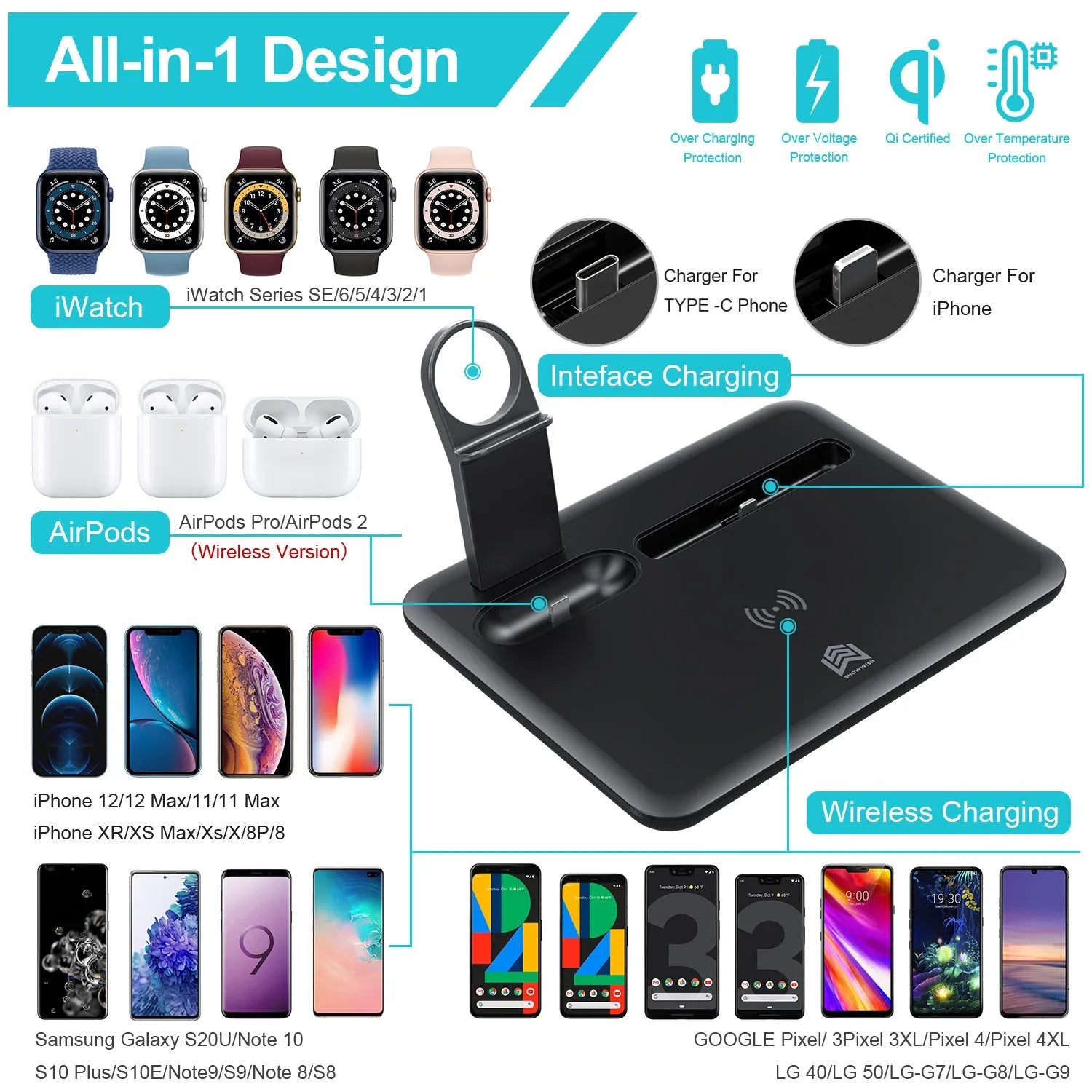 Black multifunction desktop wireless charger for phone, smartwatch and headphones on a wooden desk.