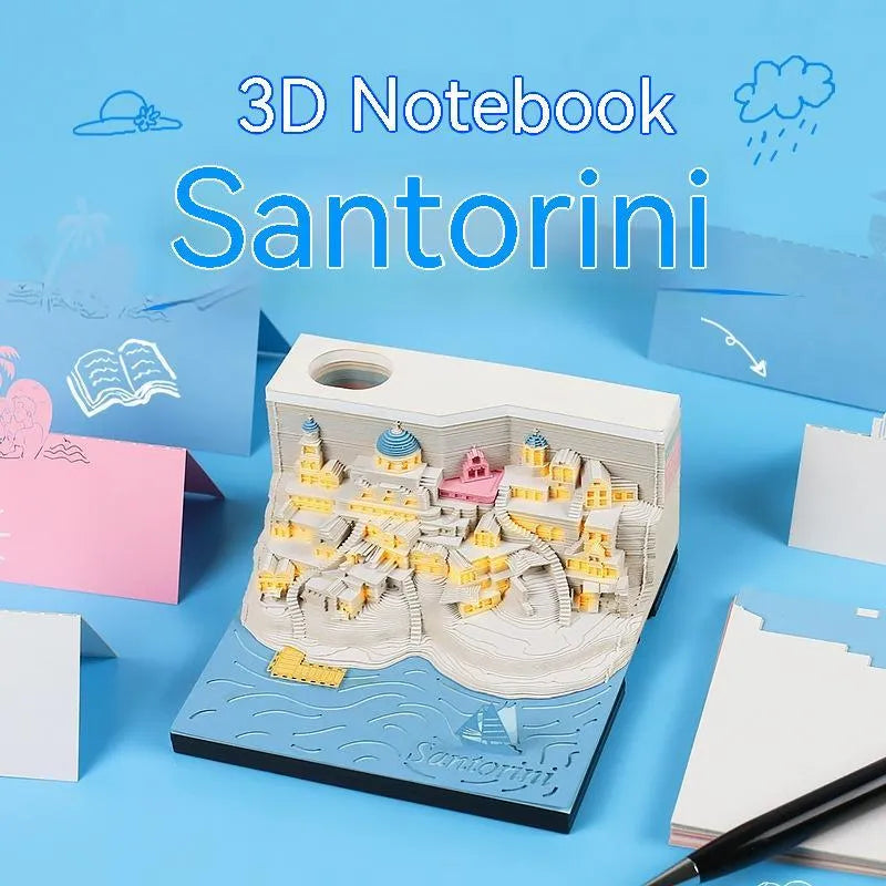 Santorini 3D paper carving notepad building model with LED lighting measuring 9x9x5 cm
