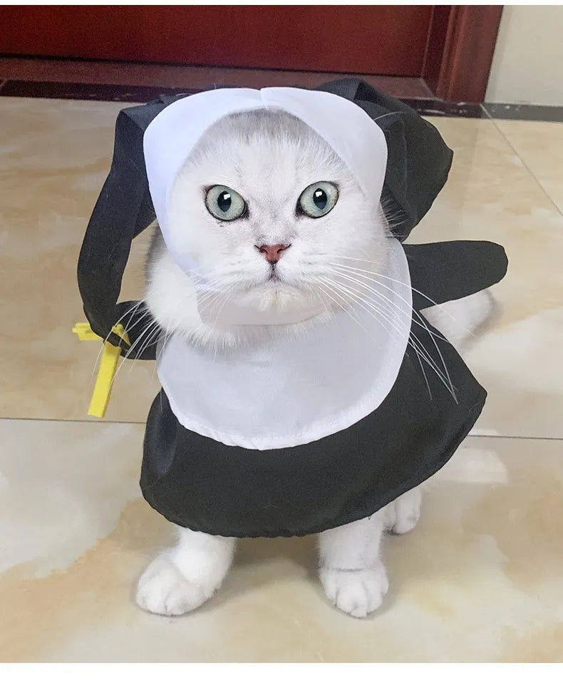 Black polyester nun costume for pets shown on dog, free size Halloween clothing