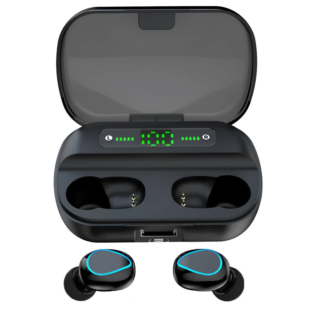 Black wireless Bluetooth headset with earplug design showing 10m range and Bluetooth 5.0 features