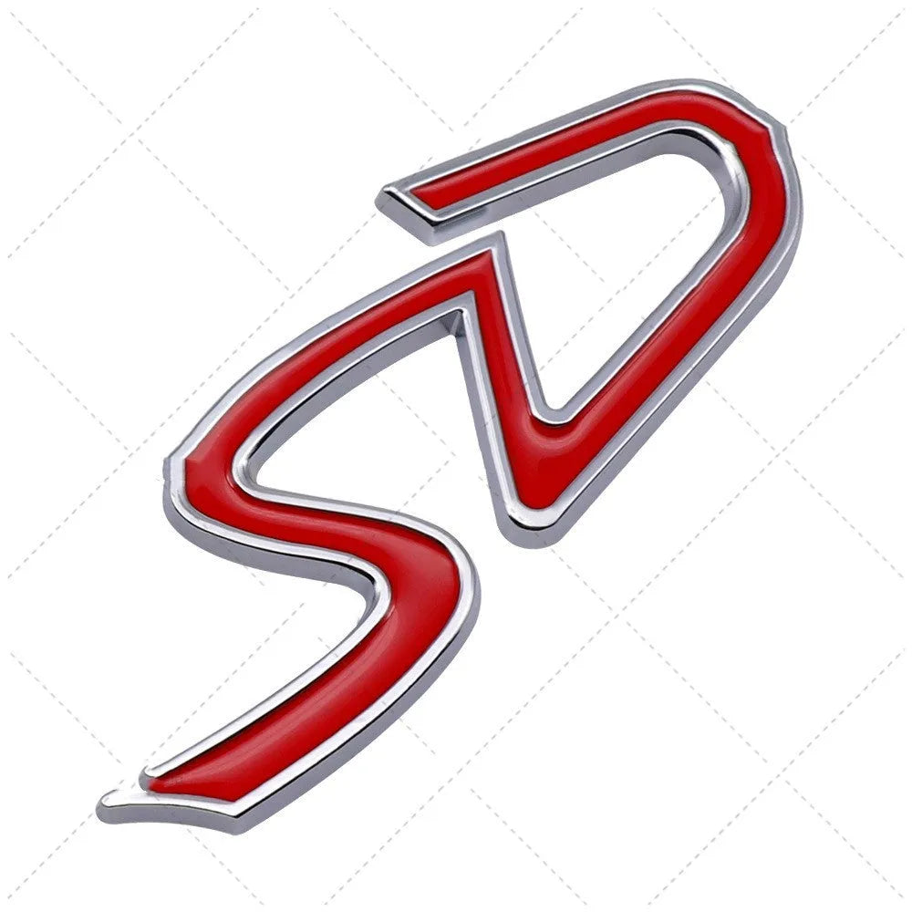 SD metal decorative car bumper sticker in red and silver colour combination showing dimensional scale