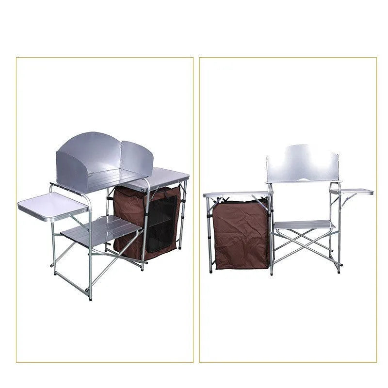 Outdoor camping double-decker storage rack mobile barbecue table folded out with aluminium frame and density board top in mobile kitchen colour