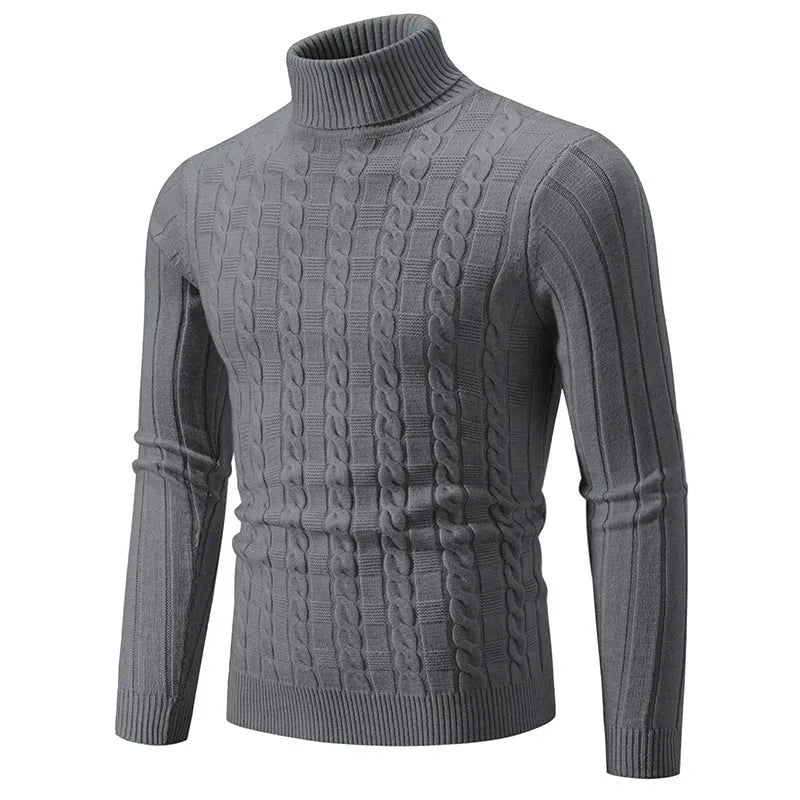 Men's slim-fit chenille turtleneck pullover in milky white, showing the twist design and spandex blend fabric.