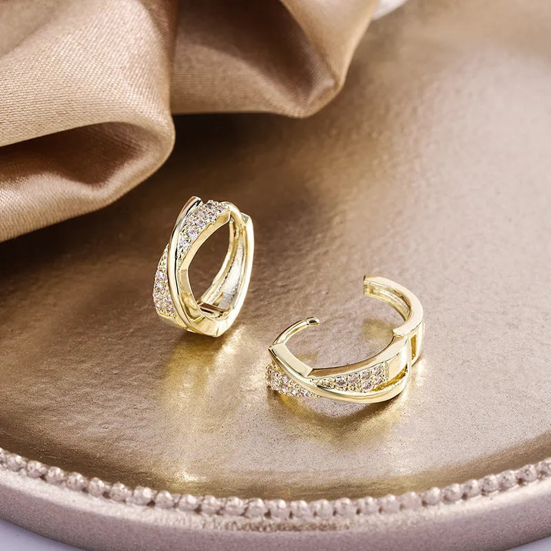Geometric copper drop earrings with zircon stones in 14K yellow finish