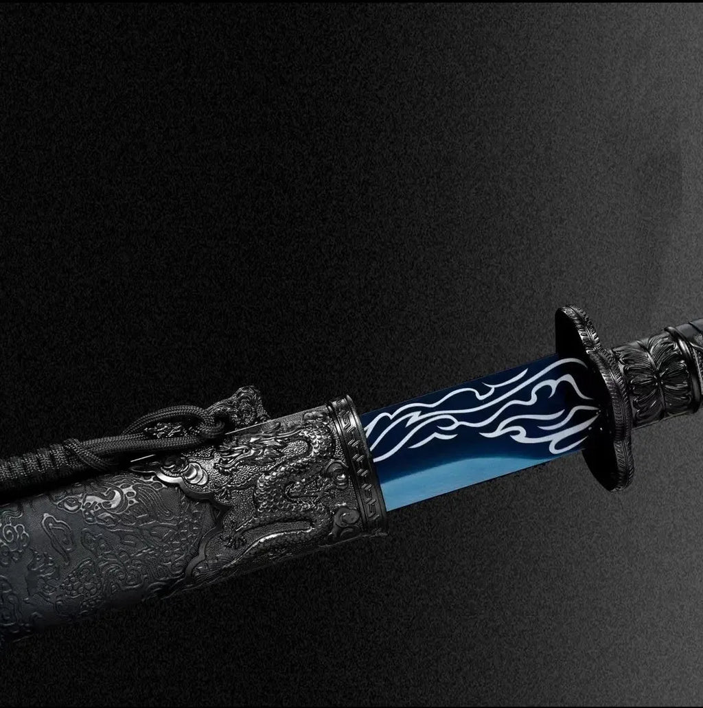 Liuying Tang Dynasty horizontal sword with 115cm overall length, 65 manganese steel blade, and leather-covered wood scabbard