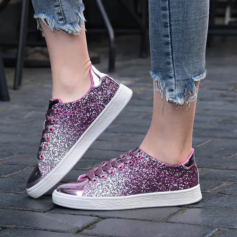Women's colourful sequin low-top casual shoes with round toe and lace-up closure