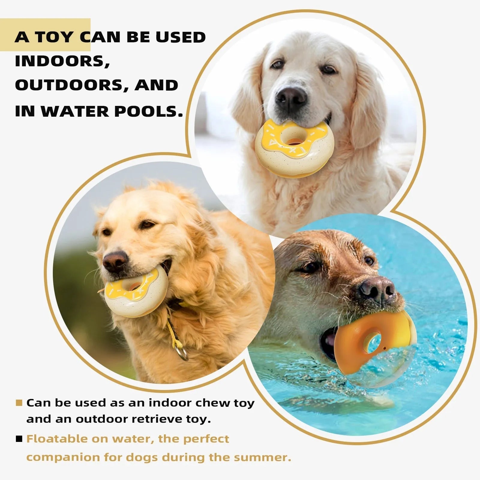Pink, yellow, and chocolate coloured TPR donut-shaped dog toy with a squeaker.
