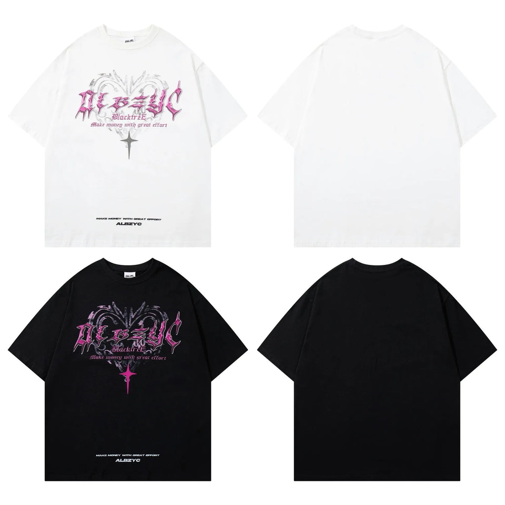 Men's black cotton t-shirt with printed retro design pattern, short sleeves, and loose fit