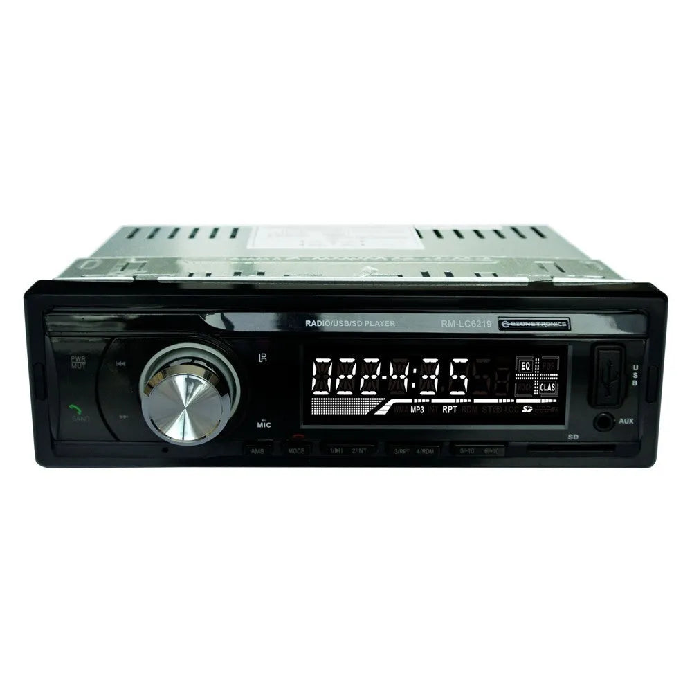 Car Bluetooth stereo receiver with front auxiliary input, USB and SD card slots on display