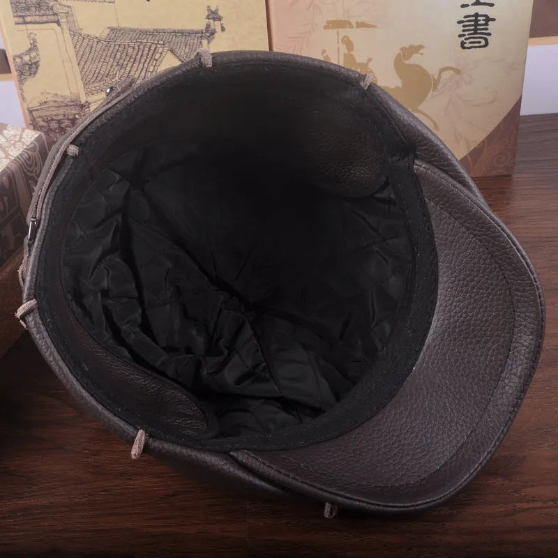Brown cowhide leather dome crown peak cap with brim for winter outdoor leisure