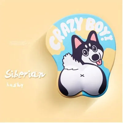 3D corgi-shaped mouse pad with raised wrist support cushion on a desk