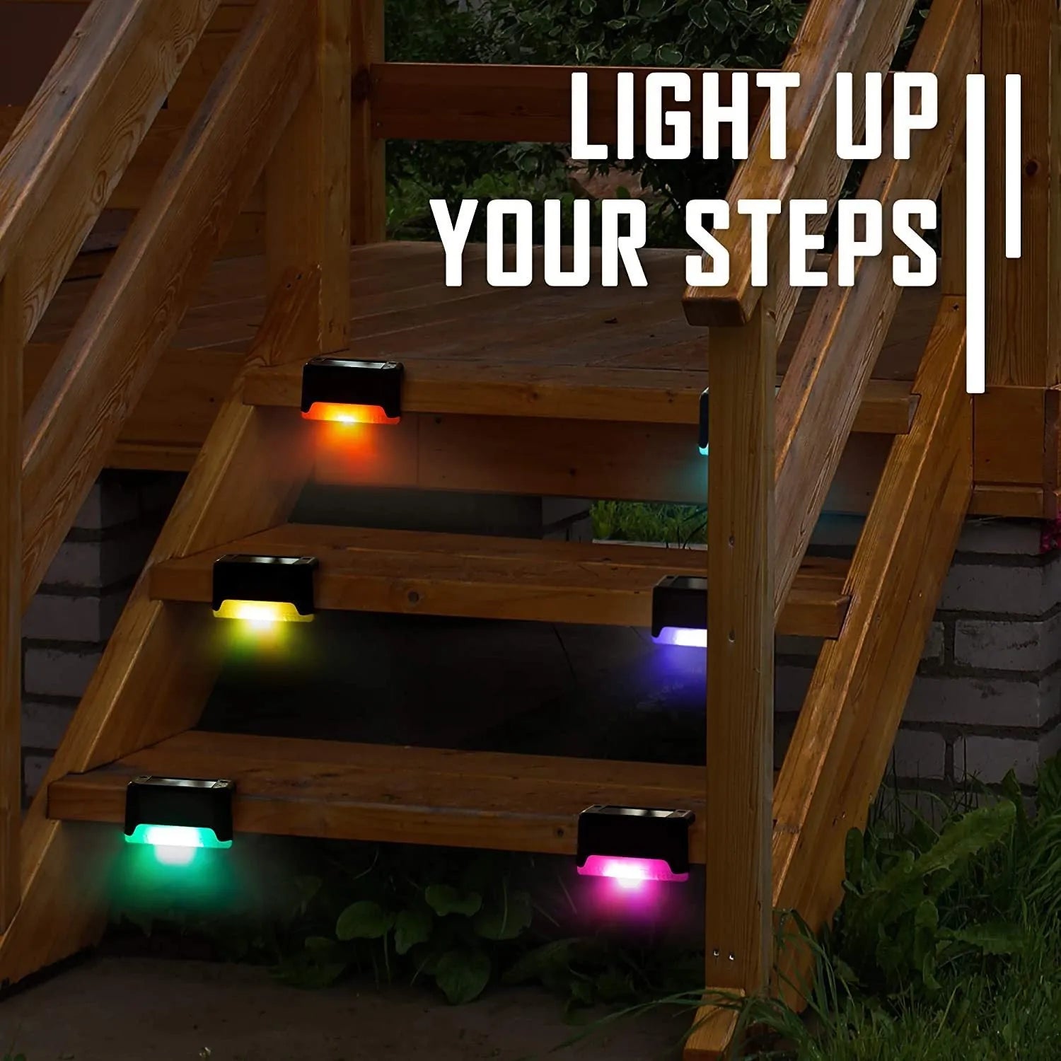 Brown solar step light with warm LED output on outdoor stairs, 4 pack