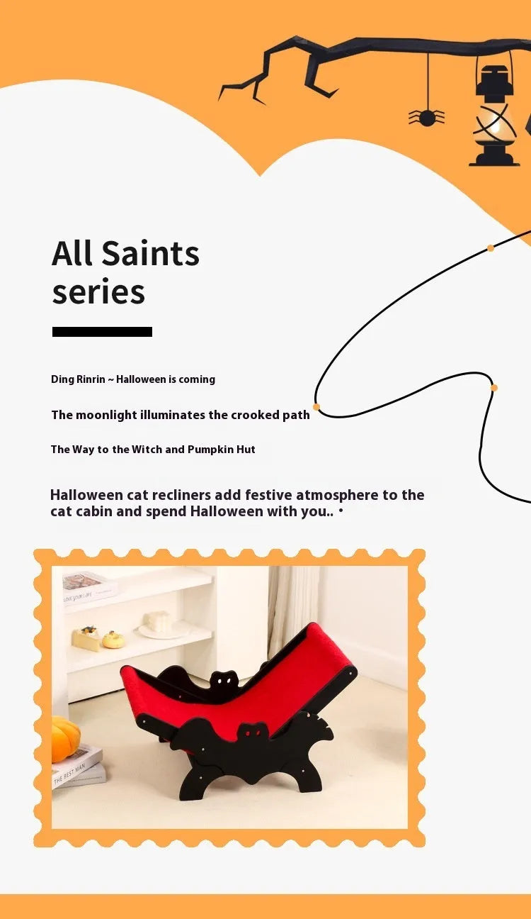 Halloween bat-shaped wooden cat recliner pet bed in black and red colours