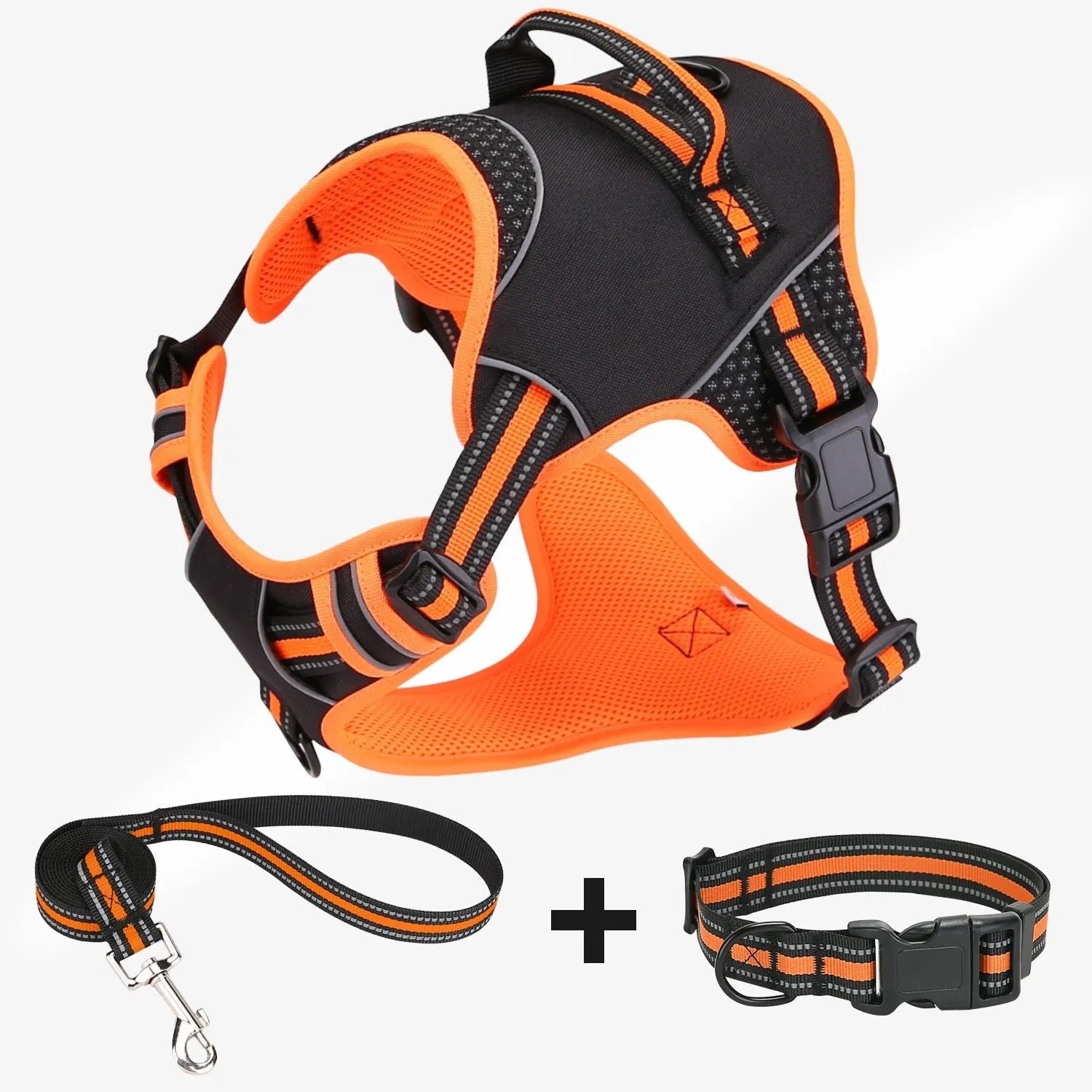Yellow polyester dog harness with attached traction strap for outdoor control.