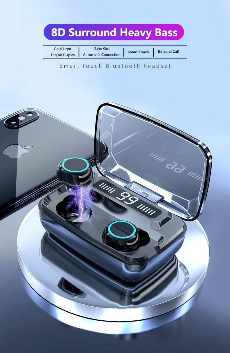 Black M11 style Bluetooth wireless headset with digital display and charging case