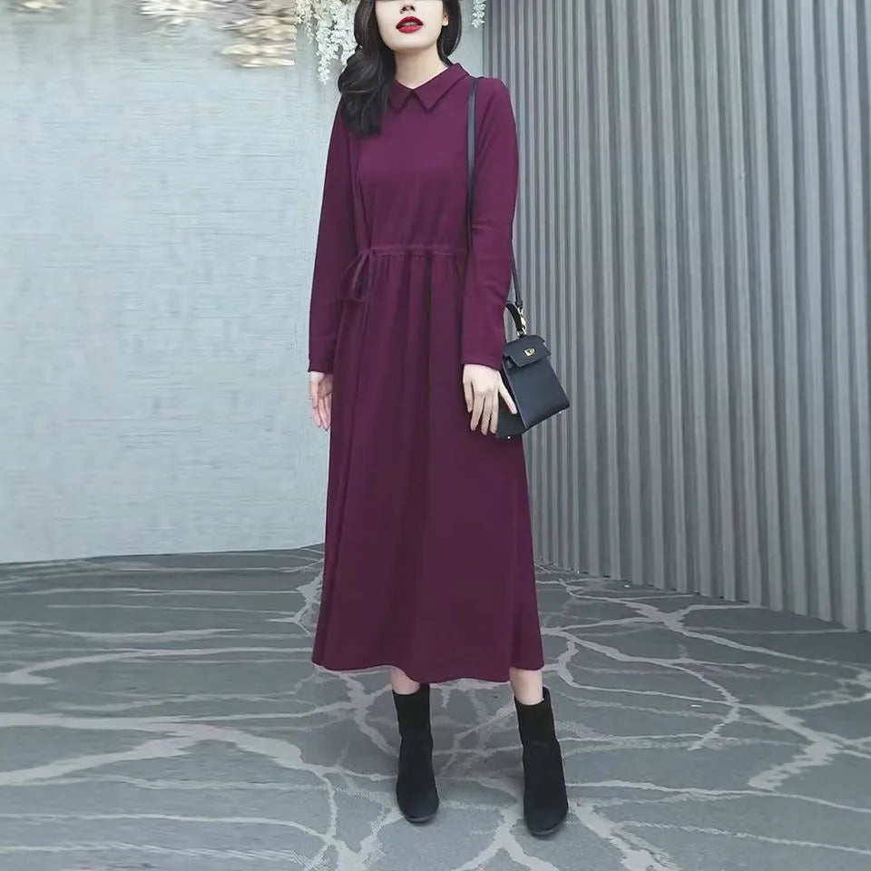 Purplish red plus size dress with extra-long sleeves and long skirt for autumn winter wear