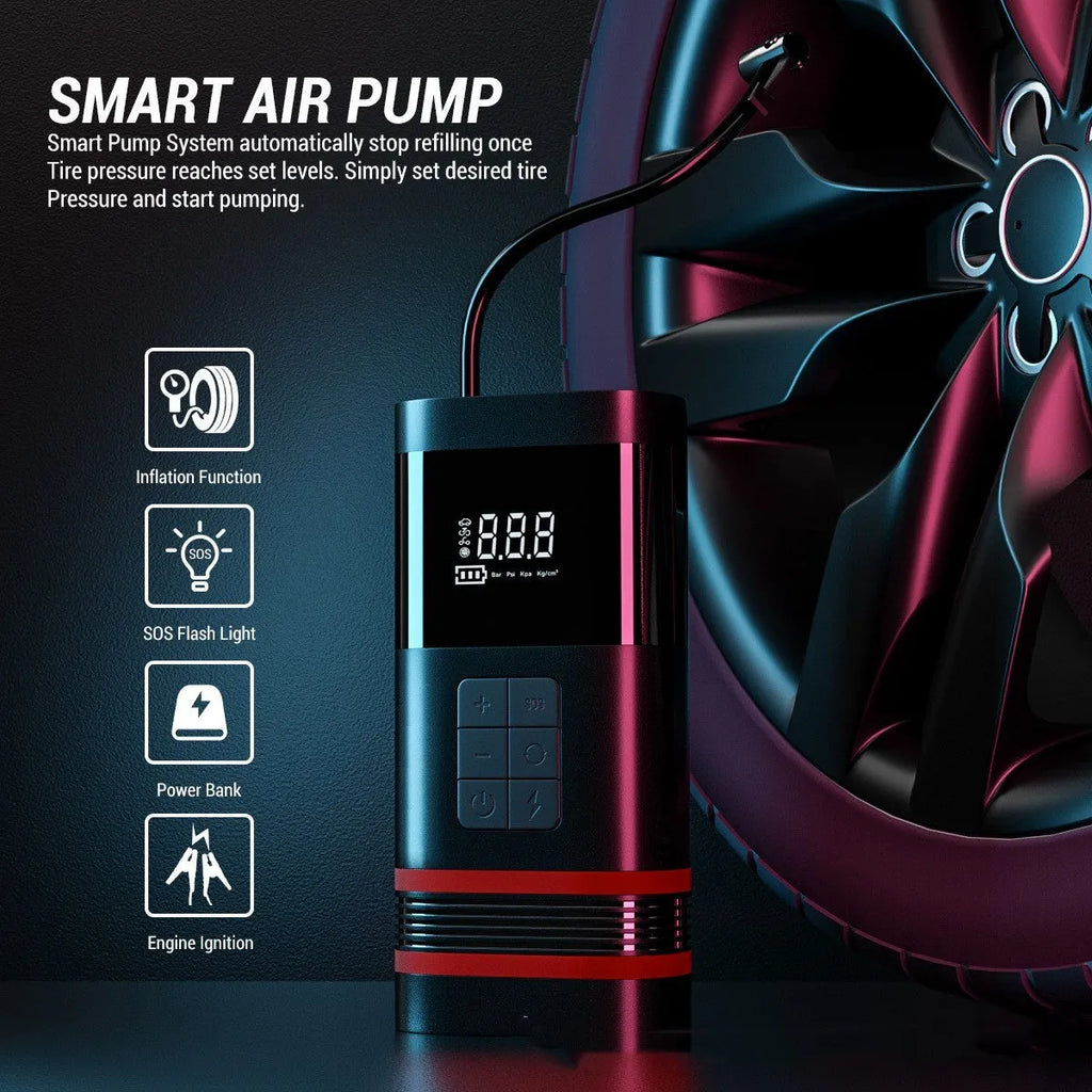 Black rectangular car jump starter power bank with connection cables and LED light