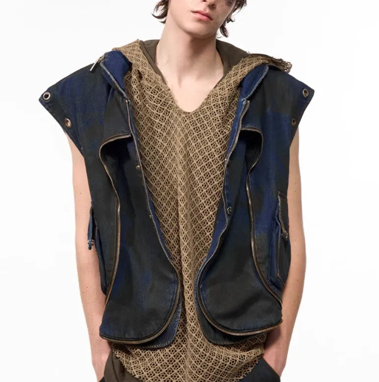 Blue Korean-style hooded denim vest coat with matching trousers, zippered front closure