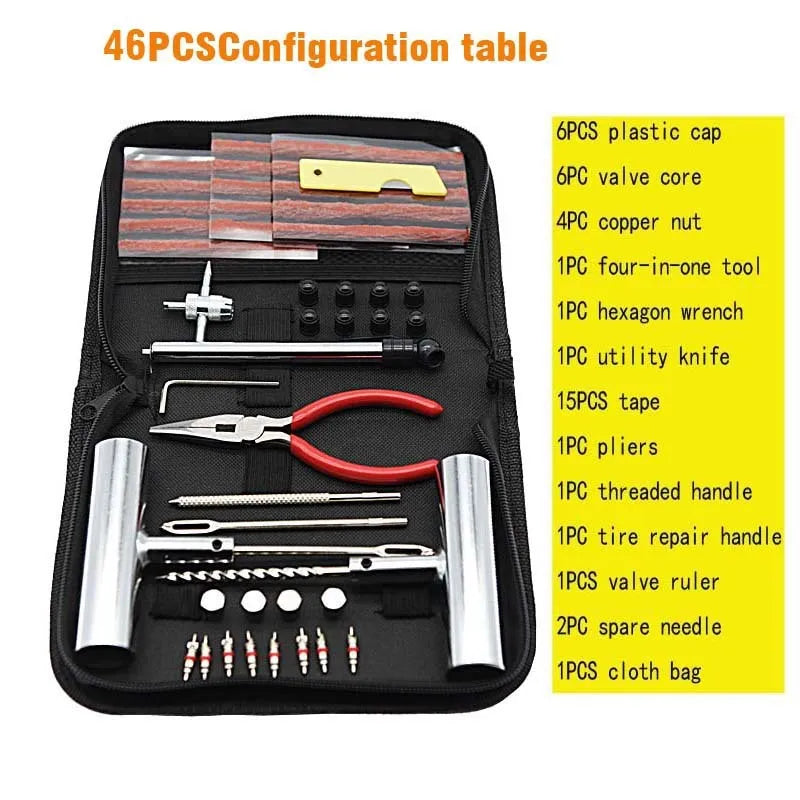 45 steel tyre repair tools in 32x20x5 cm cloth bag for car, motorcycle and bicycle puncture repair