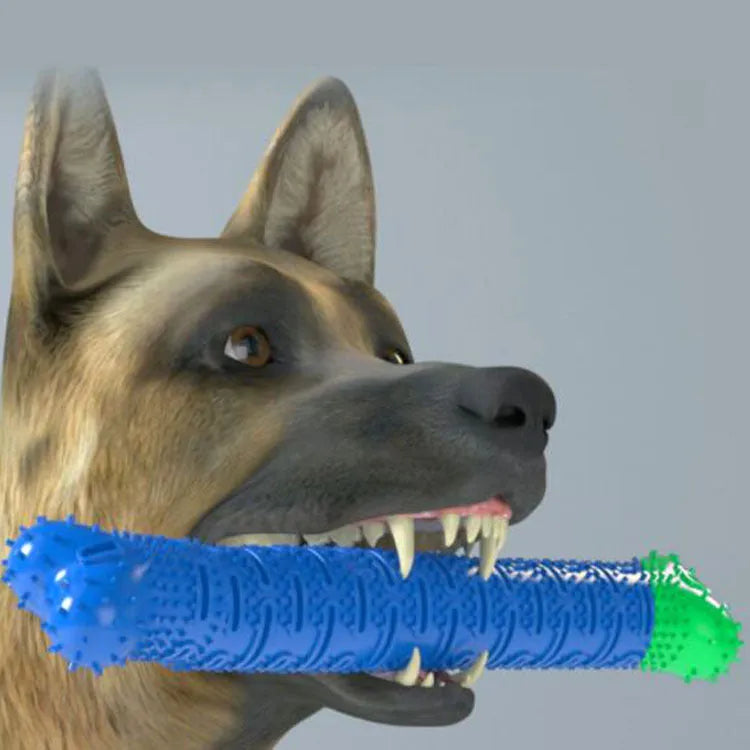 Blue green silicone dog dental cleaning stick with brush bristles and massage nodules, 25cm long