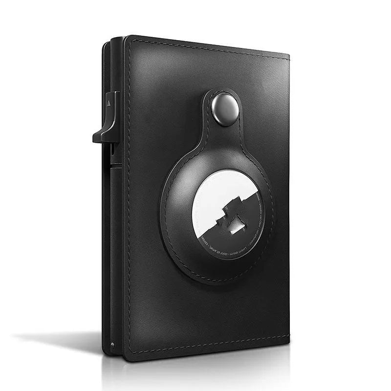 Crazy Horse Black genuine leather card holder wallet with AirTag slot and card pockets