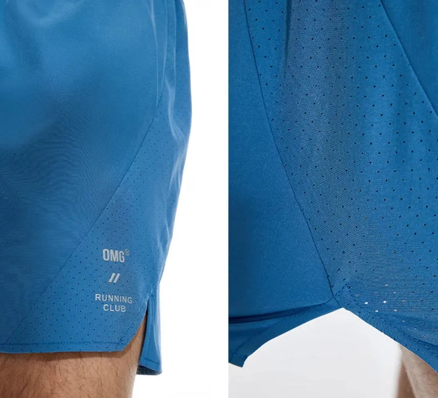 Four-point running shorts with laser punching stitching in black or blue colours showing stretch fabric construction