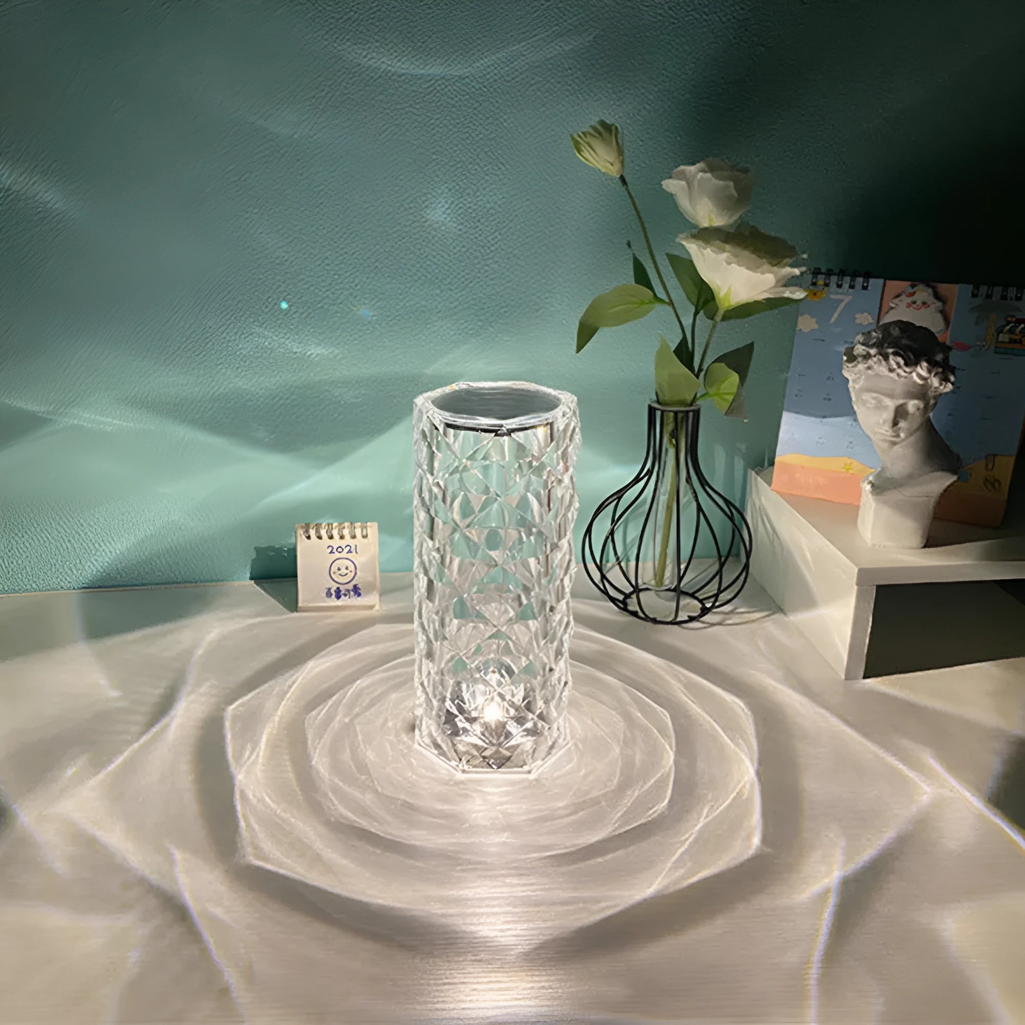 Nordic crystal acrylic USB table lamp with touch dimming and remote, 16 colours, black finish