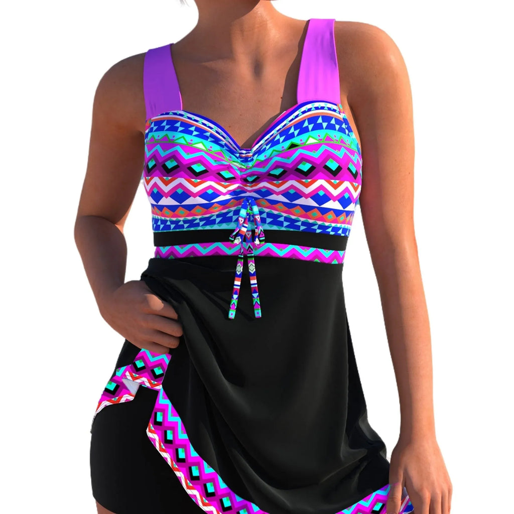 Plus size women's split skirt bikini swimsuit in quick-drying polyester fabric showing front and back views