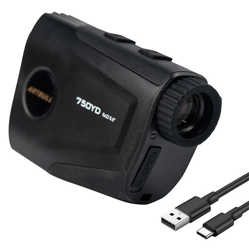 Black golf laser rangefinder with LCD display showing yardage, featuring a 20mm objective lens.