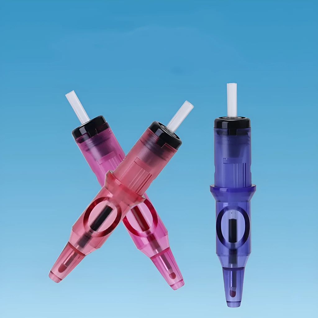 Boxed integrated needle and ballpoint tattoo tool in multiple colour options including red, blue, and black.
